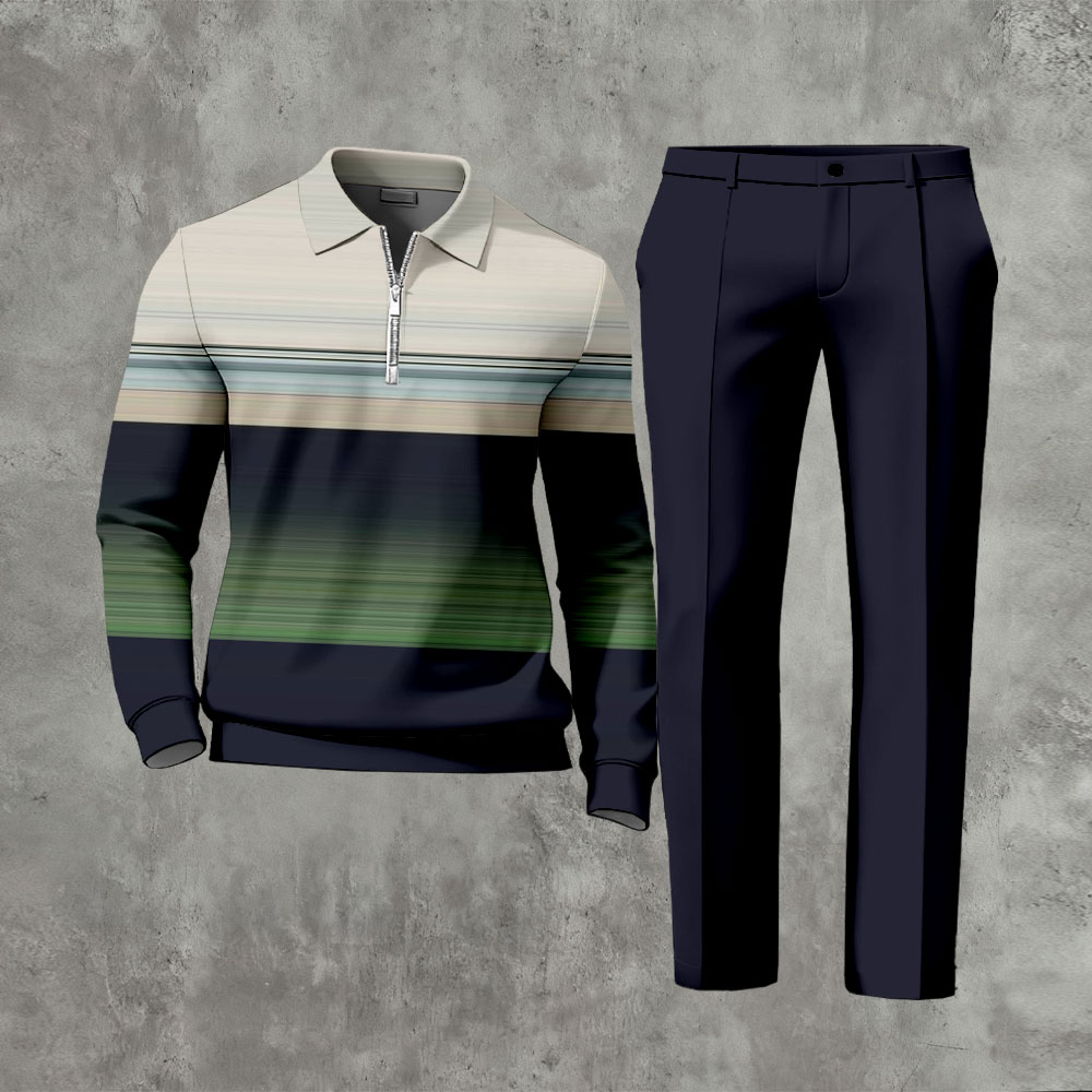 Men's Casual Navy Blue & Multi Color Matching Striped Printed Zipper Long Sleeved Polo Shirt & Trousers Two-Piece Set