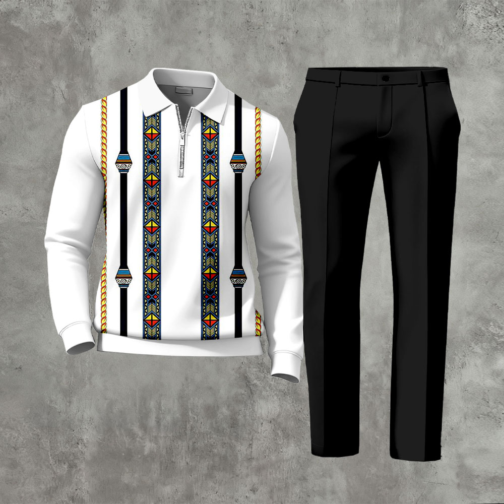 Men's Casual White & Multi Color Matching Baroque Printed Zipper Long Sleeved Polo Shirt & Trousers Two-Piece Set