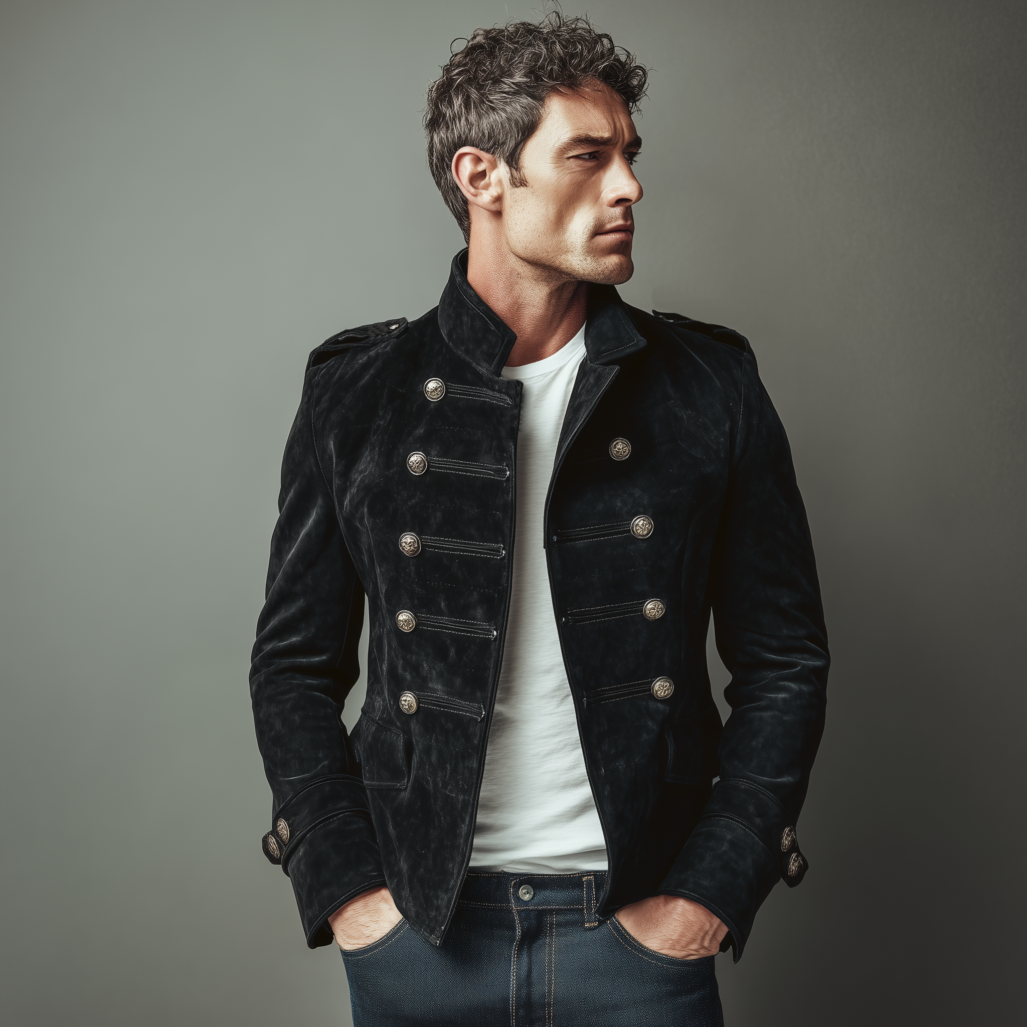 Men's Classic Retro Stand Collar Faux Suede Double-breasted Slim-fit Jacket