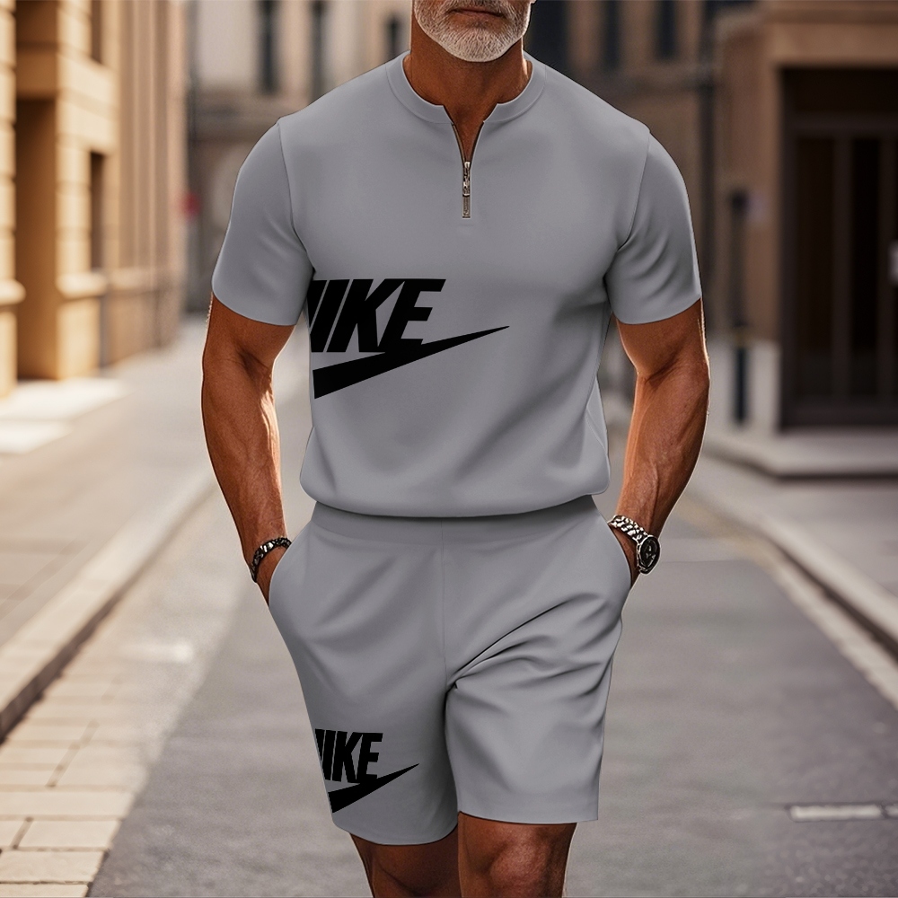 Men's Fashion Round Neck Gray With Printed Zipper Short Sleeve+Casual Shorts Two Piece Set