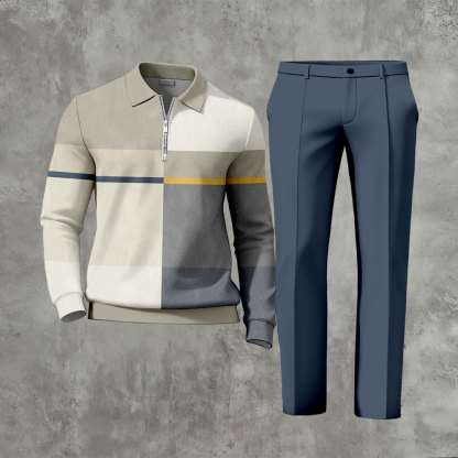 Men's Casual Khaki & Navy Color Matching Geometric Printed Zipper Long Sleeved Polo Shirt & Trousers Two-Piece Set