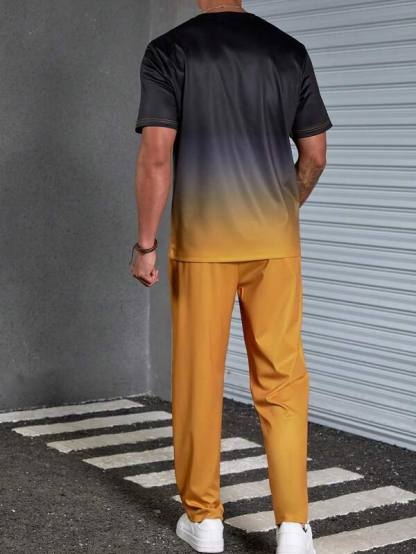  Men's Color Block Print Short Sleeve Athletic Walking Suit 