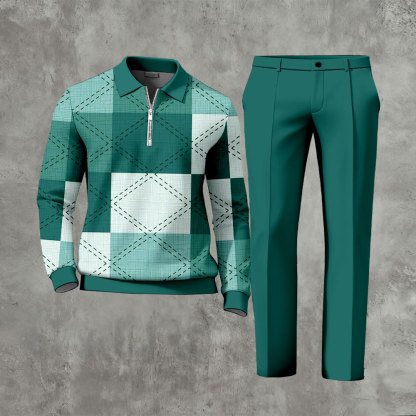 Men's Casual Green & White Color Matching Geoemtric Printed Polo-Collar Zipper Long Sleeved Trousers Two-Piece Set