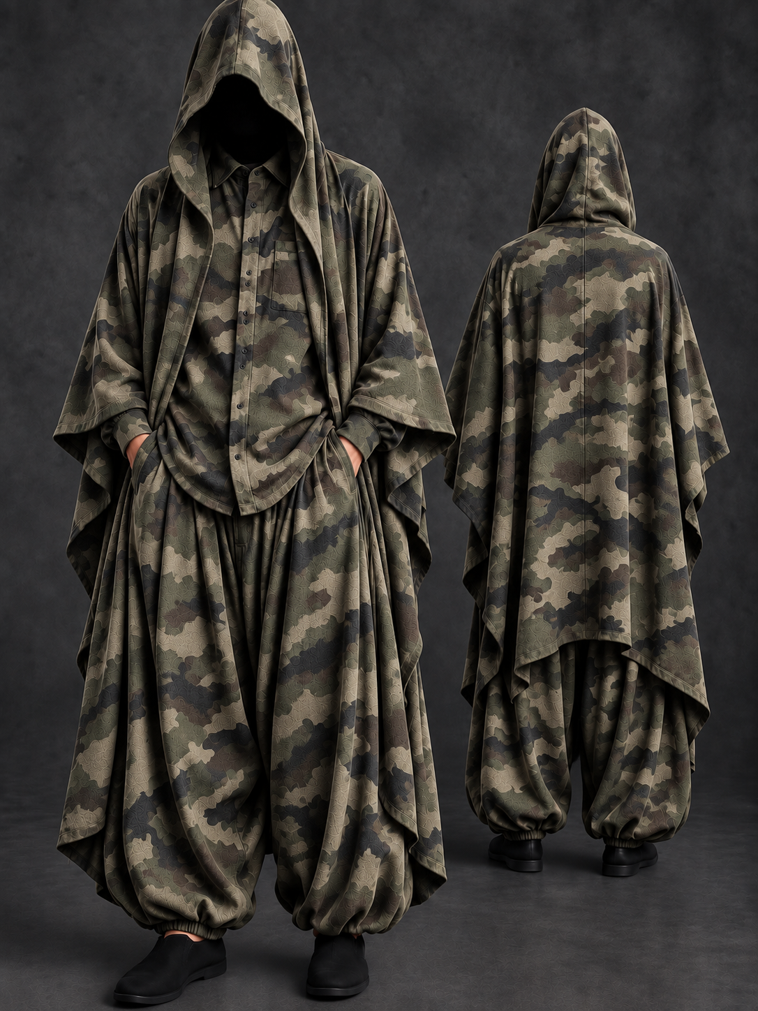 Men's Camo Hooded Cape, Shirt & Harem Pants 3-Piece Set