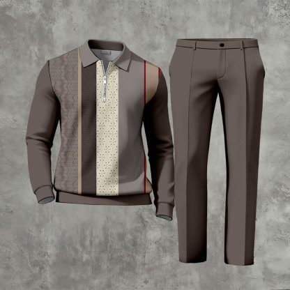 Men's Casual Coffee & Beige Color Matching Striped Printed Zipper Long Sleeved Polo Shirt & Trousers Two-Piece Set