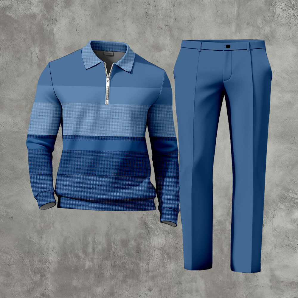 Men's Casual Color Matching Printed Polo-Collar Zipper Long Sleeved Trousers Two-Piece Set 1201
