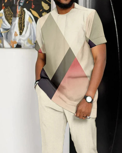 Men's Contrasting Printed Short-Sleeved Suit