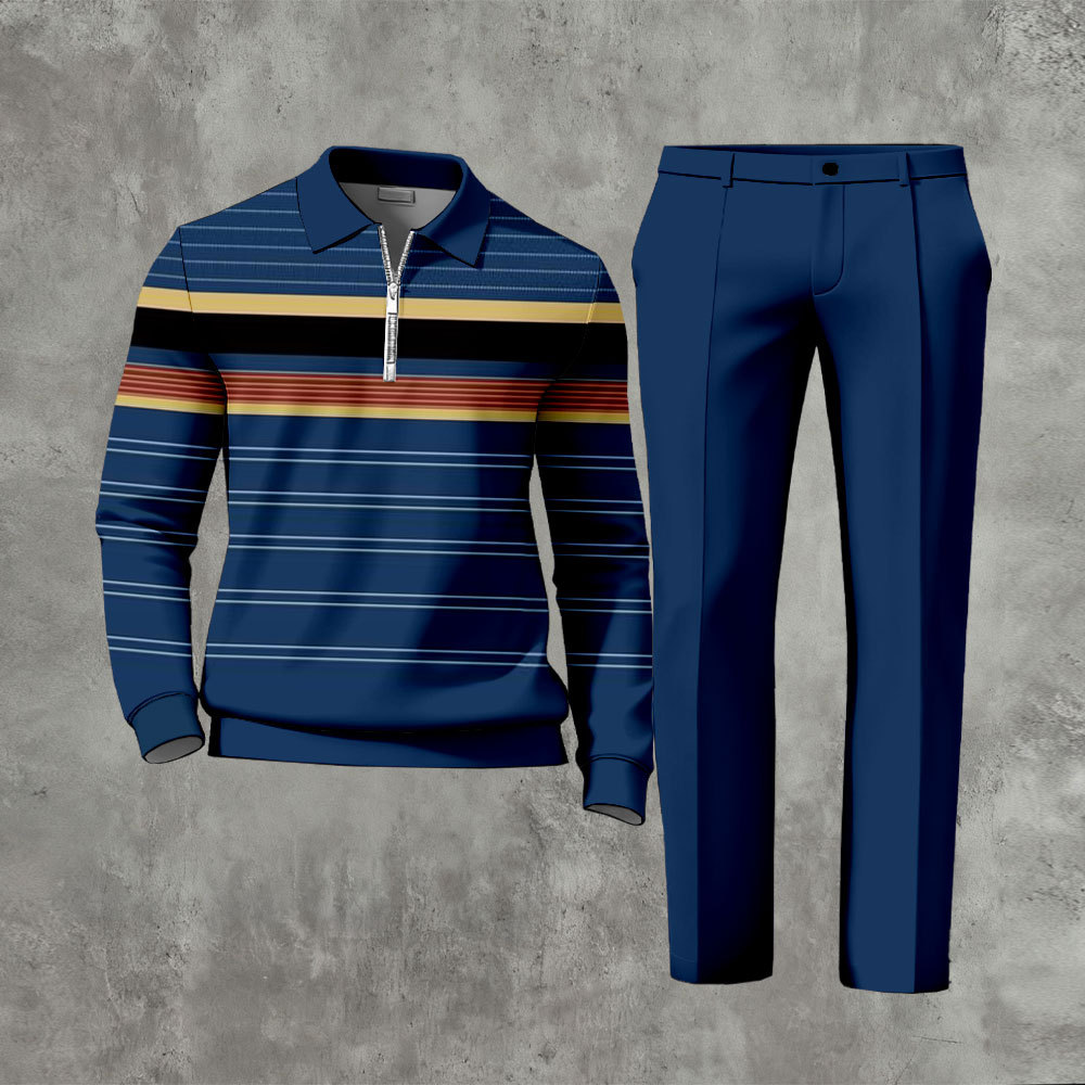 Men's Casual Navy Blue & Multi Color Matching Striped Printed Zipper L