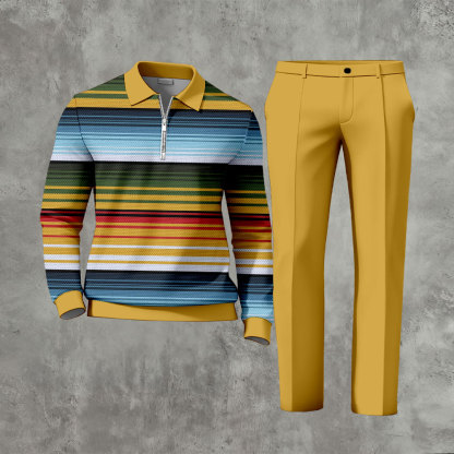 Men's Casual Ginger & Multi Color Matching Striped Printed Zipper Long Sleeved Polo Shirt & Trousers Two-Piece Set
