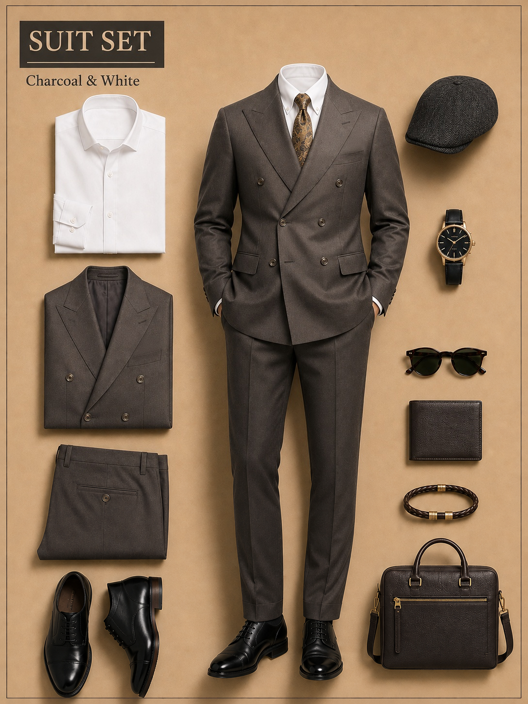 Men's Double‑Breasted Charcoal Suit Blazer, Waistcoat & Dress Pants 3‑Piece Matching Outfit Set