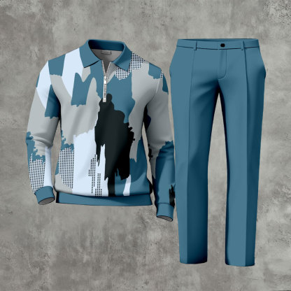 Men's Casual Blue Color Matching Printed Zipper Long Sleeved Polo Shirt & Trousers Two-Piece Set