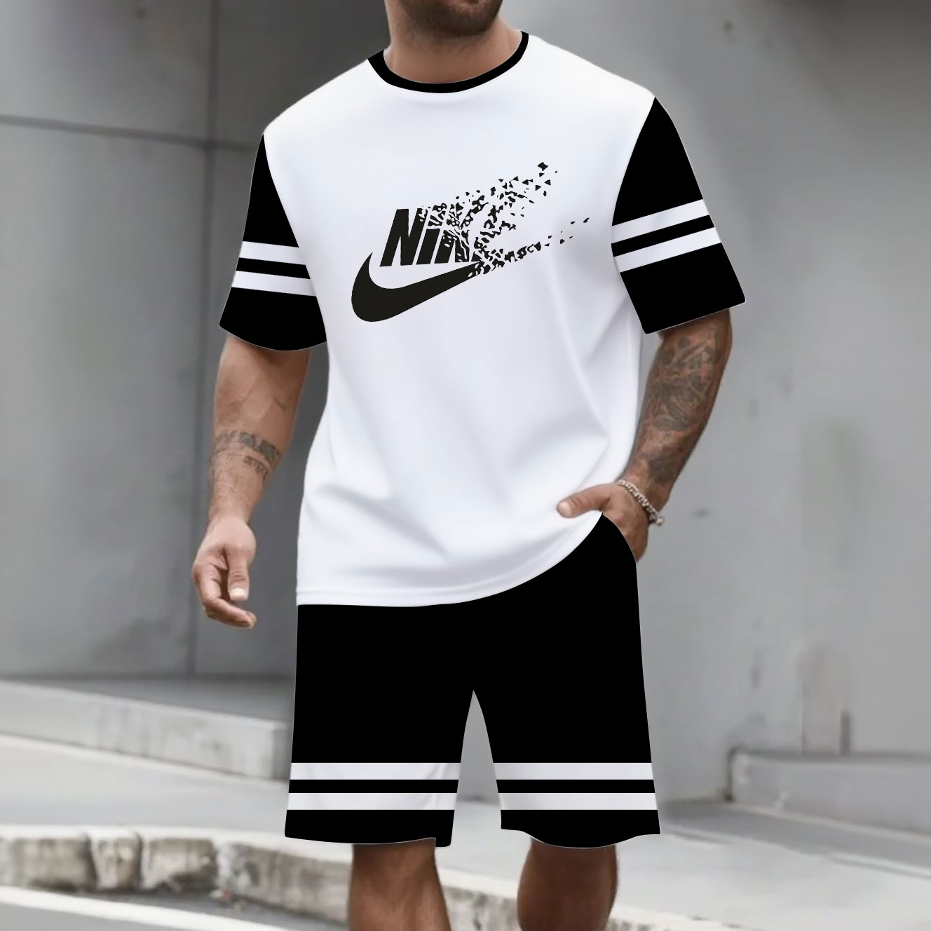 Men's Fashion Casual Color Matching Printed Short-Sleeved Two-Piece Set