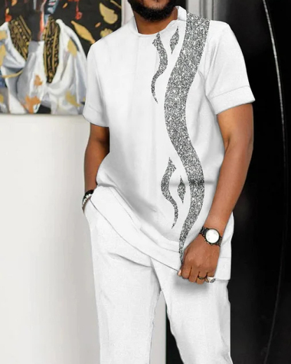 Men's White Printed Short Sleeve Suit 2 Colors