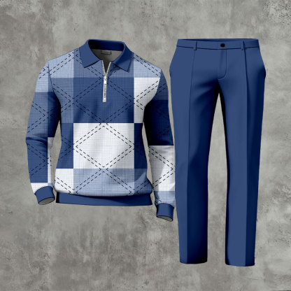 Men's Casual Color Matching Printed Polo-Collar Zipper Long Sleeved Trousers Two-Piece Set 1103