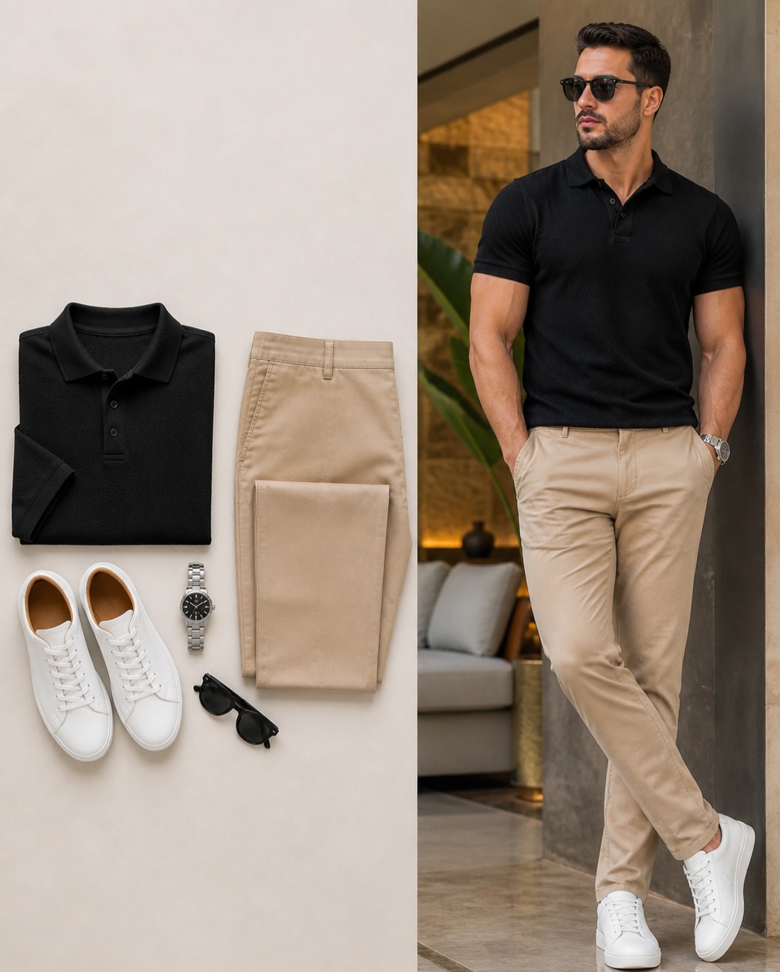 Men's Casual Black Color Short Sleeves Polo Shirt & Jeans Pants Two Piece Set