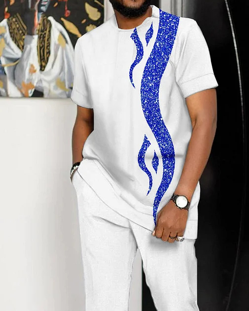 Men's White Printed Short Sleeve Suit 2 Colors
