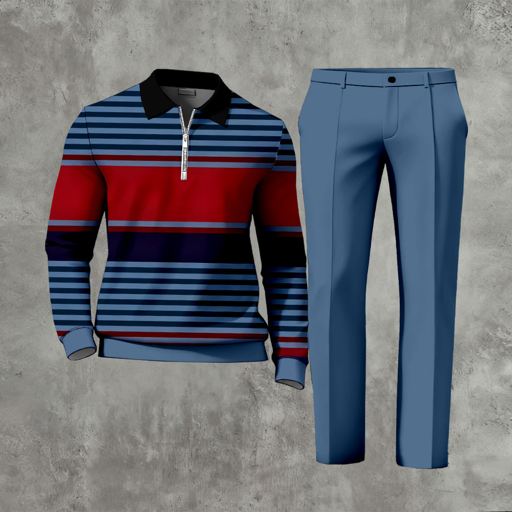 Men's Casual Blue Gray & Red Color Matching Striped Printed Polo-Collar Zipper Long Sleeved Trousers Two-Piece Set