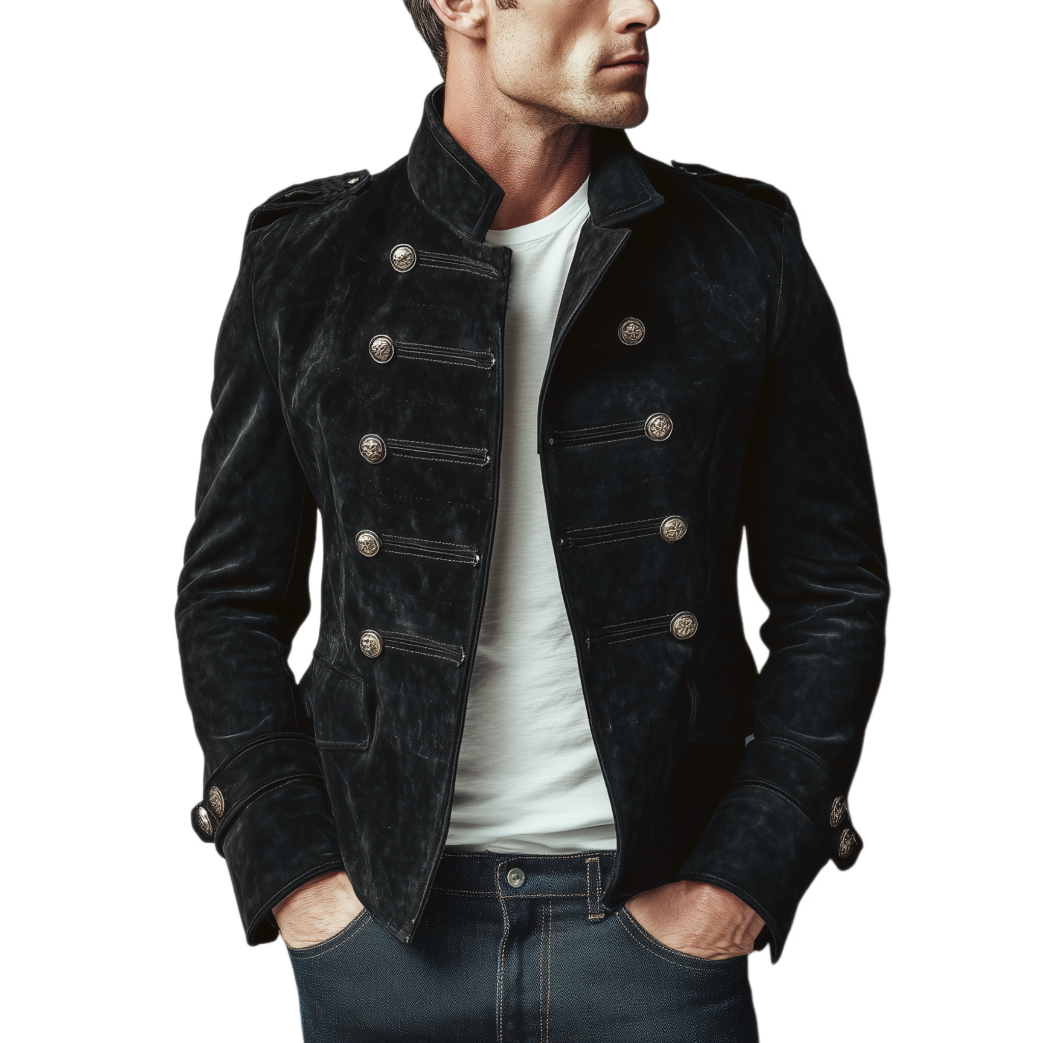 Men's Classic Retro Stand Collar Faux Suede Double-breasted Slim-fit Jacket