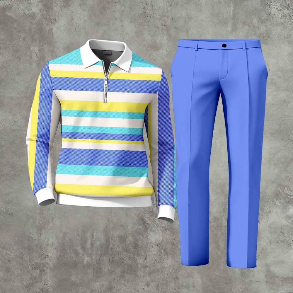 Men's Casual Multicolor Blue Color Matching Striped Printed Polo-Colla