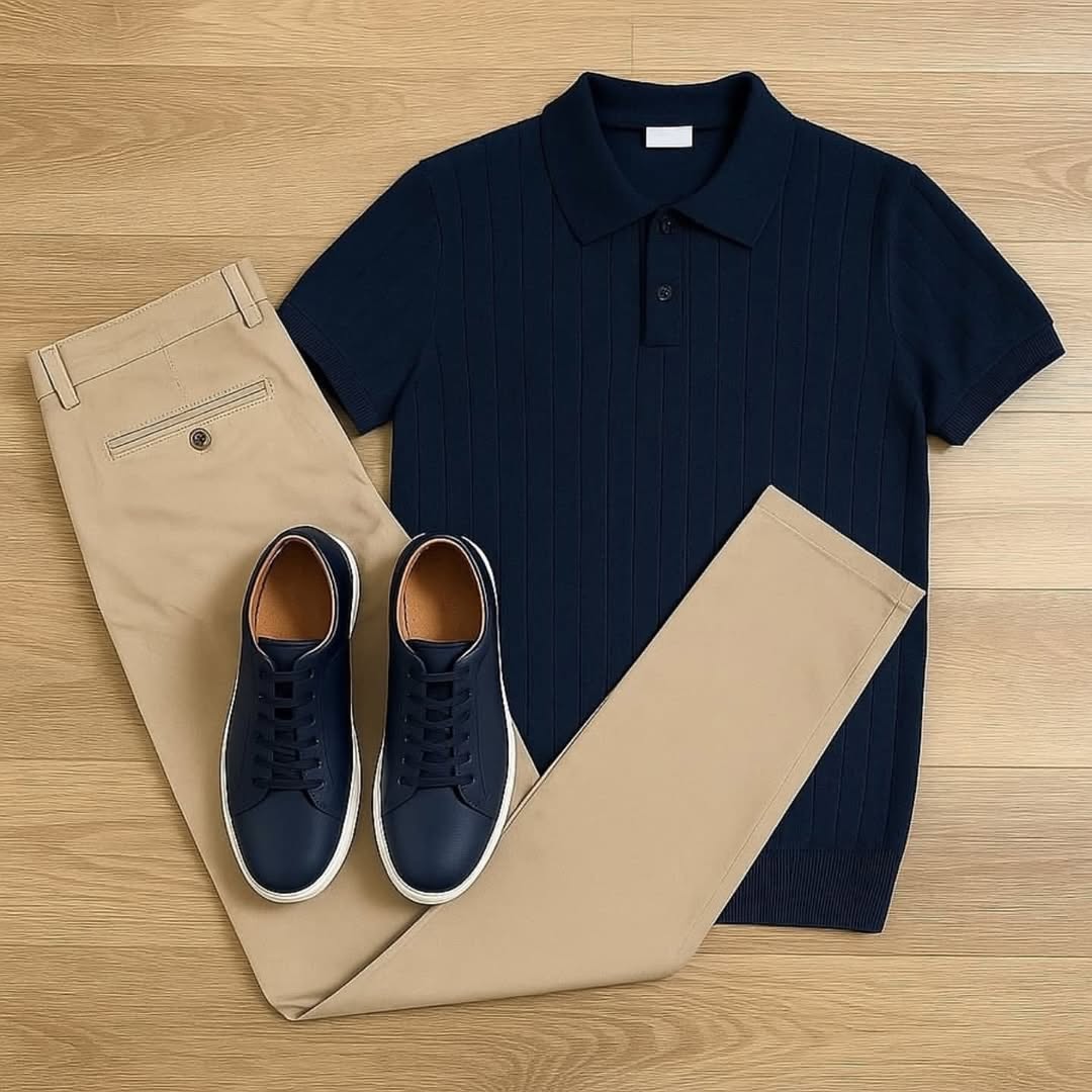 Men's Casual Solid-Color Printed Polo Shirt & Trousers Two-Piece Set