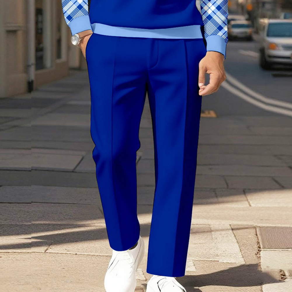 Men's Casual Royal Color Matching Checked Printed Polo-Collar Zipper Long Sleeved Trousers Two-Piece Set