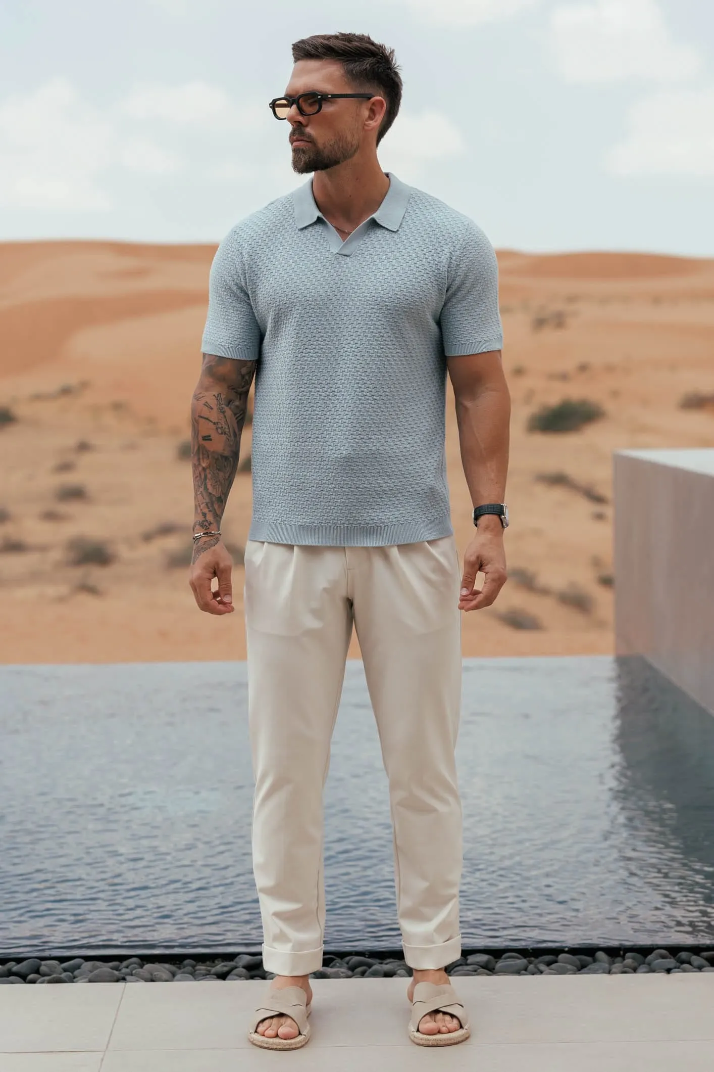Men's lightweight cotton and linen casual blue polo shirt