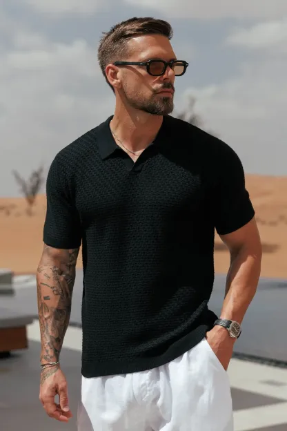 Men's lightweight cotton and linen casual black polo shirt