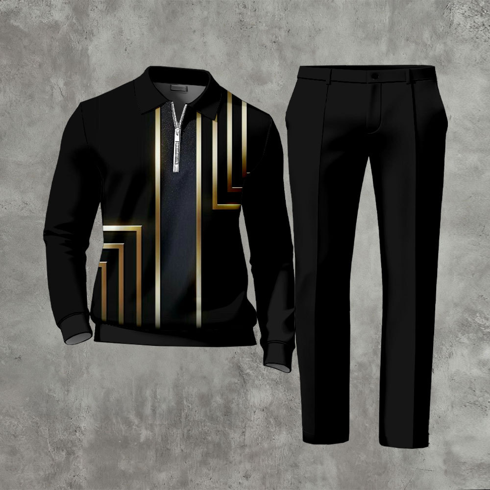 Men's Casual Color Matching Printed Polo-Collar Zipper Long Sleeved Tr