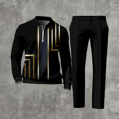 Men's Casual Color Matching Printed Polo-Collar Zipper Long Sleeved Trousers Two-Piece Set 1222