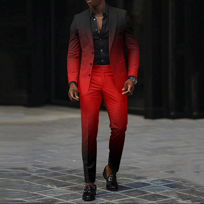BlazerMen's Gradient Black & Red Color Matching Gradient Printed Long Sleeves Blazer & Trousers Two Pieces Set