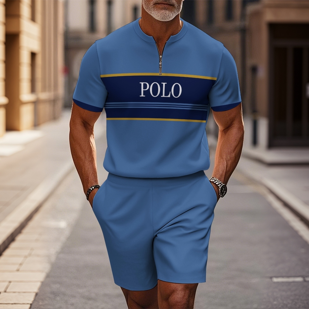 Men's Fashion Round Neck Blue With Printed Zipper Short Sleeve+Casual Shorts Two Piece Set