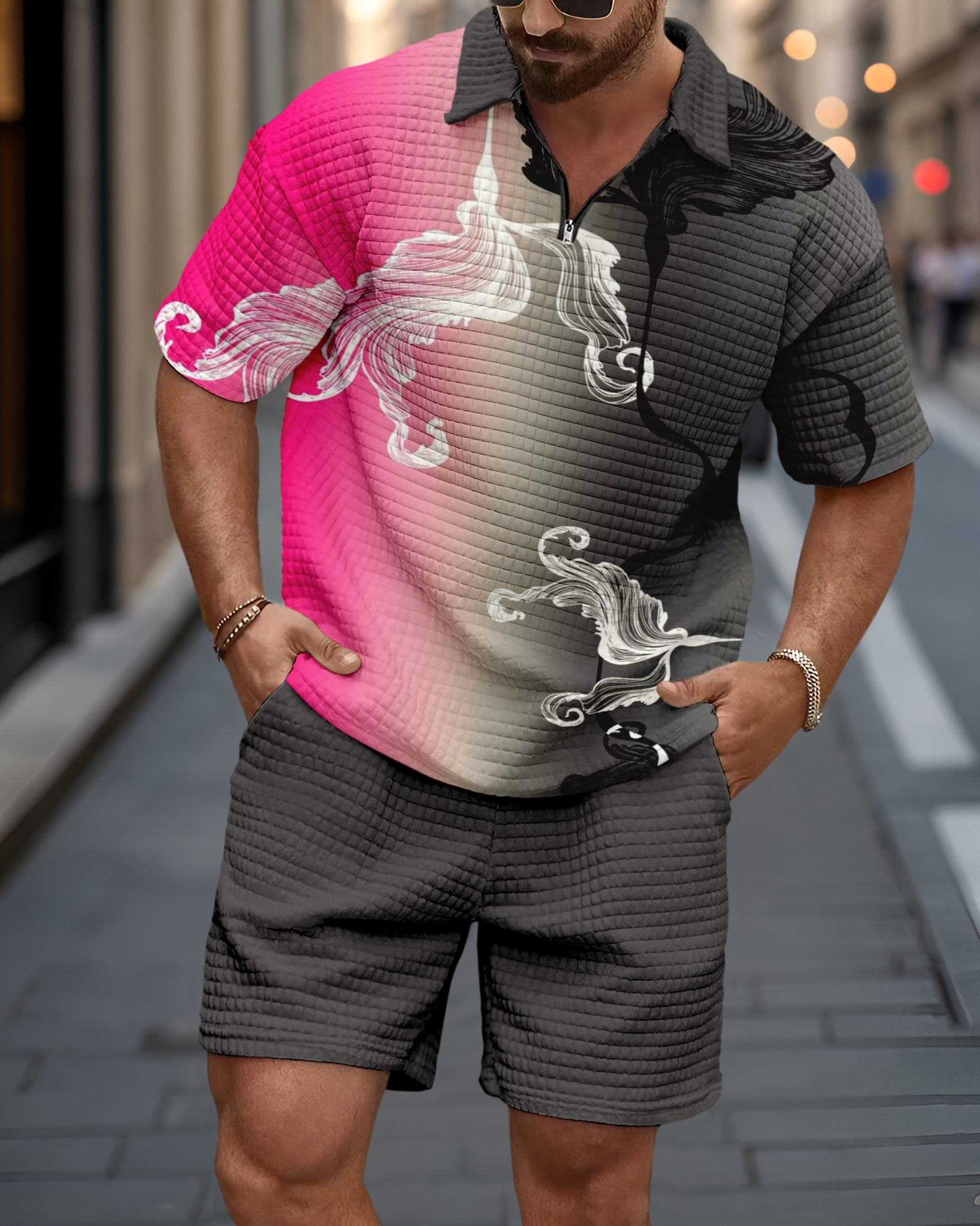 Men's casual waffle texture summer Polo Set