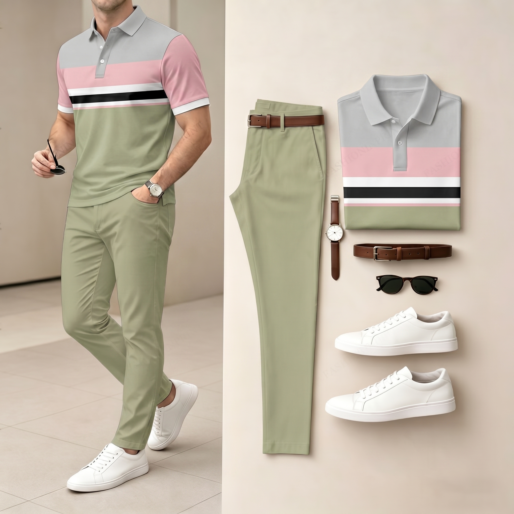 Men's Pink & Geen Color Matching Short Sleeved Polo Shirt & Pants Two-Piece Set