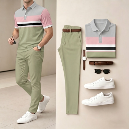 Men's Pink & Geen Color Matching Short Sleeved Polo Shirt & Pants Two-Piece Set