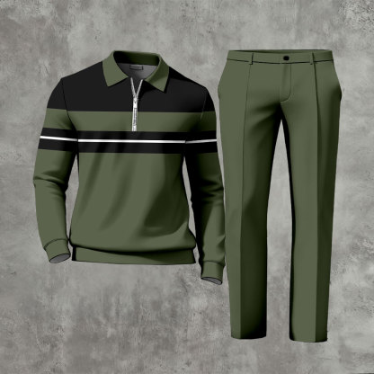 Men's Casual Army Green & Black Color Matching Striped Printed Polo-Collar Zipper Long Sleeved Trousers Two-Piece Set