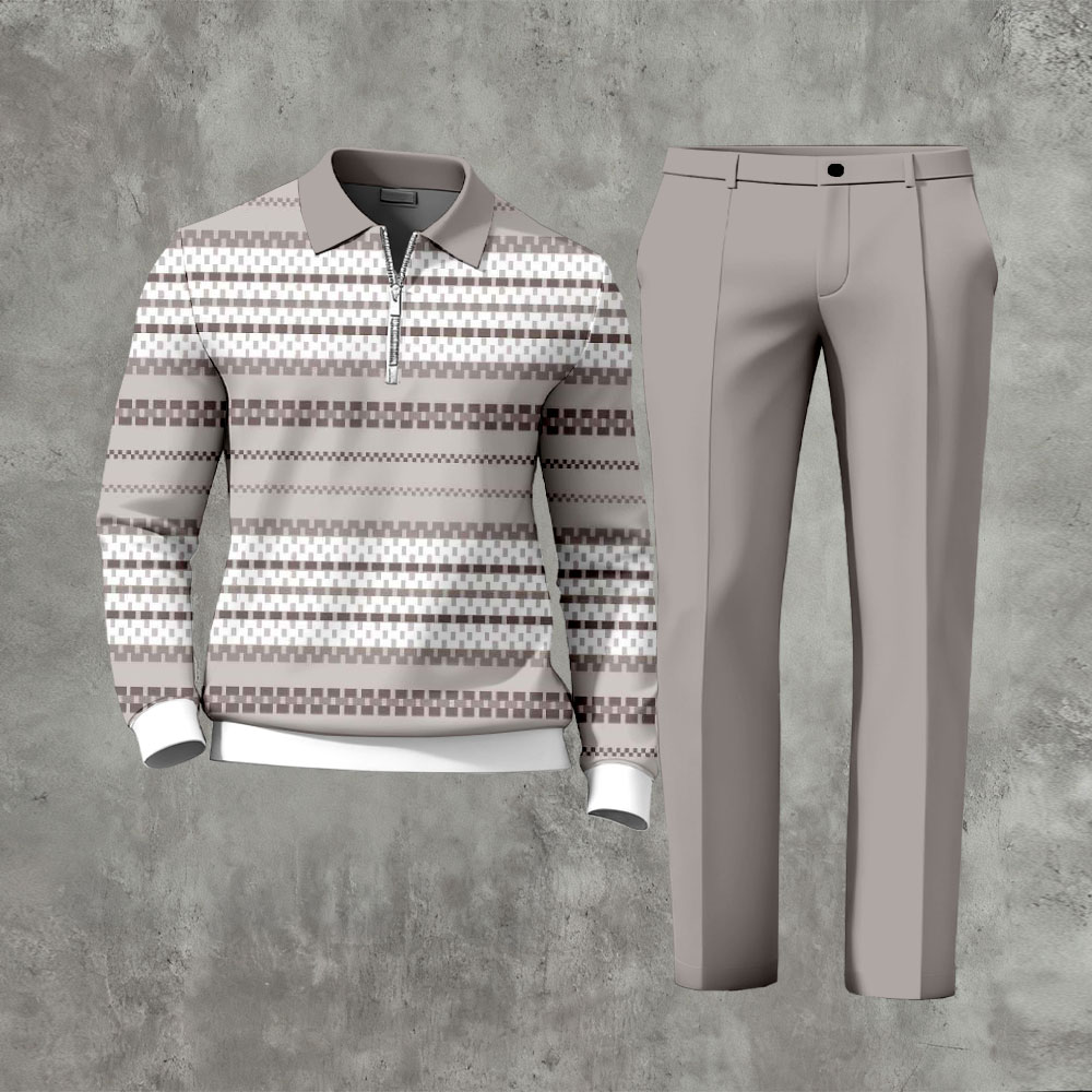 Men's Casual Gray & White Color Matching Striped Printed Polo-Collar Zipper Long Sleeved Trousers Two-Piece Set