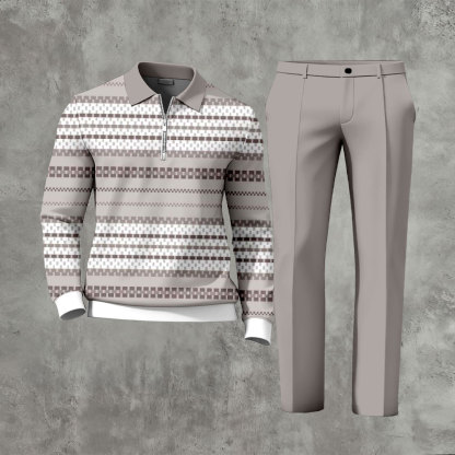 Men's Casual Gray & White Color Matching Striped Printed Polo-Collar Zipper Long Sleeved Trousers Two-Piece Set