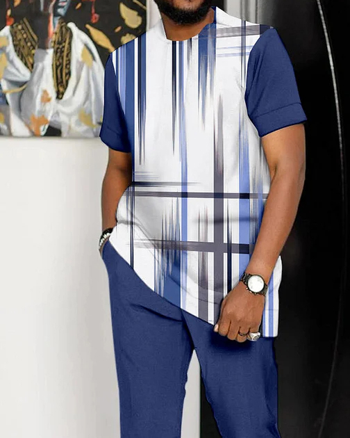 Men's Vertical Stripe Print Short Sleeve Suit
