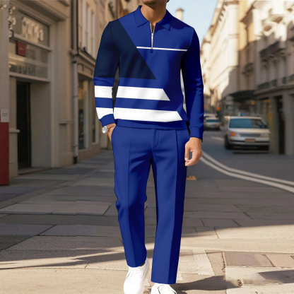 Men's Casual Color Matching Printed Polo-Collar Zipper Long Sleeved Trousers Two-Piece Set 1028