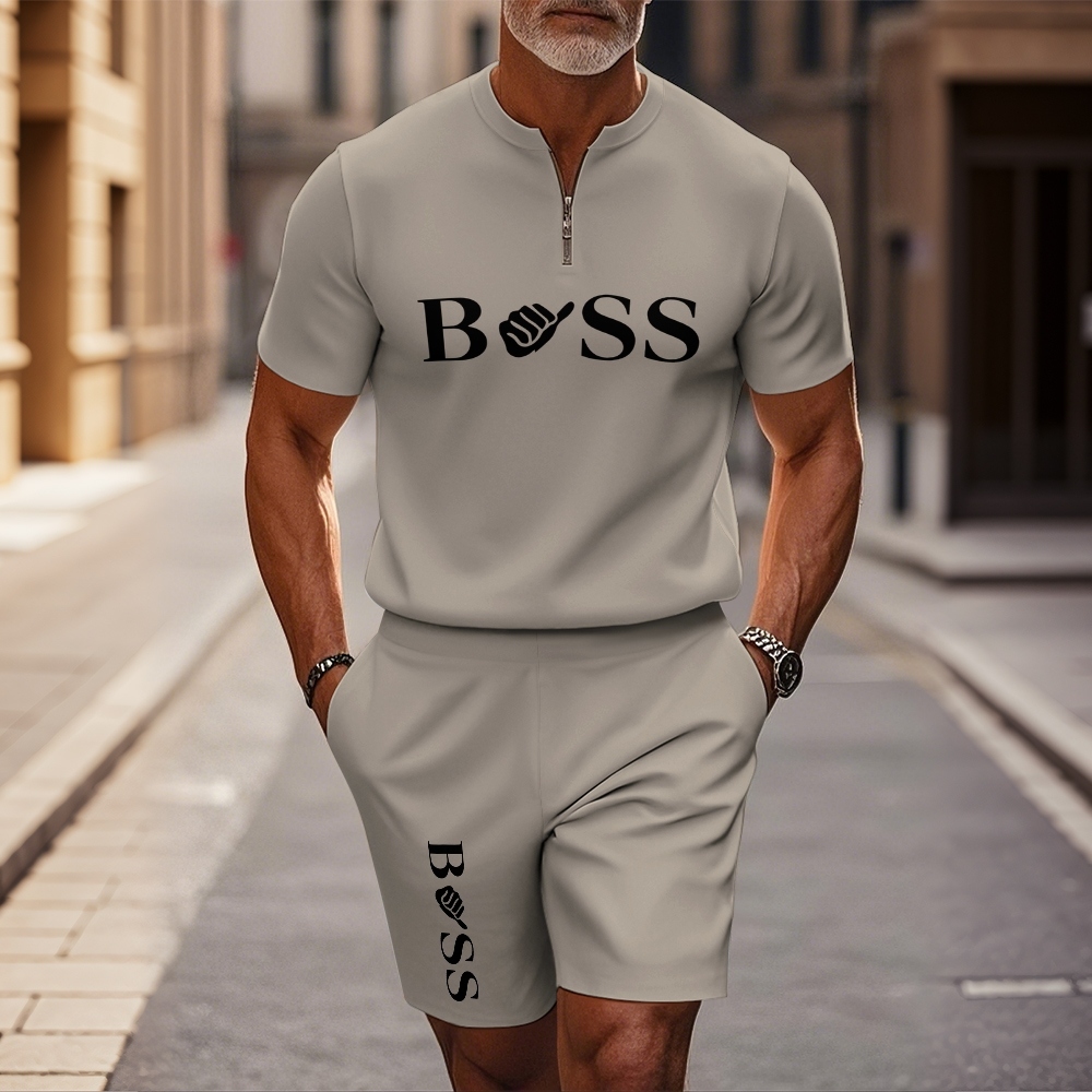Men's Fashion Round Neck With Printed Zipper Short Sleeve+Casual Shorts Two Piece Set