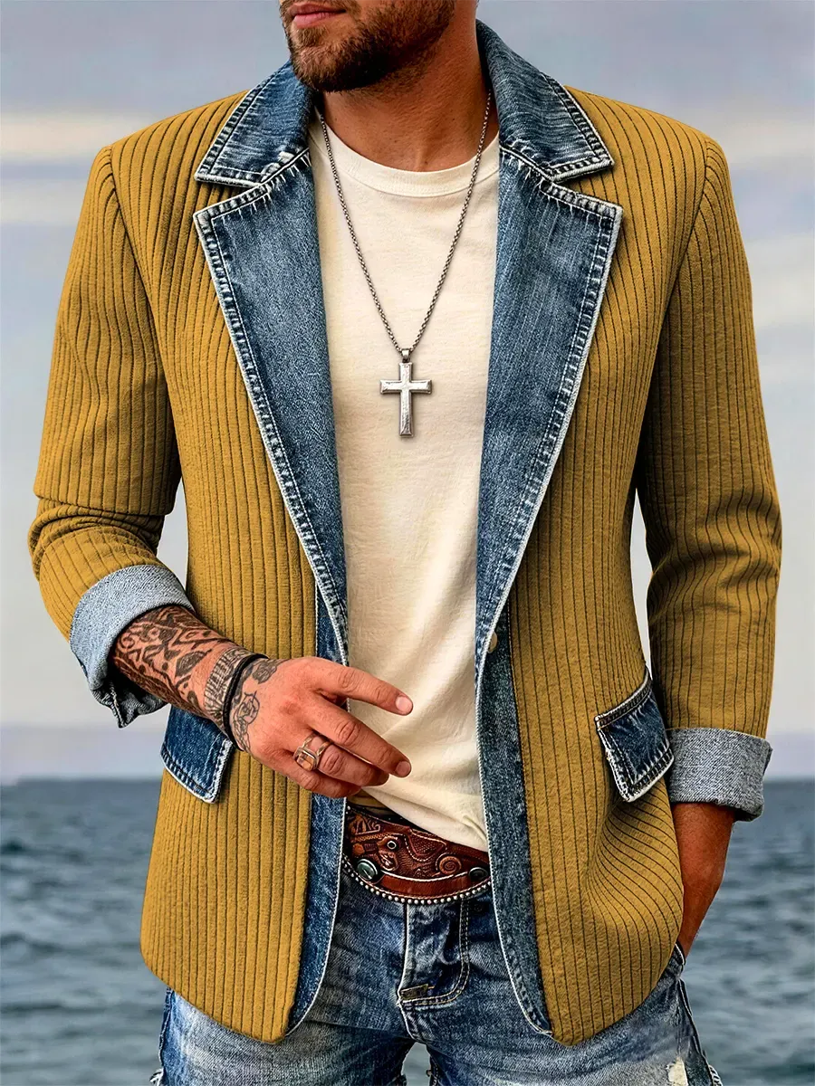 Men's Casual Corduroy Denim Patchwork Blazer Jacket