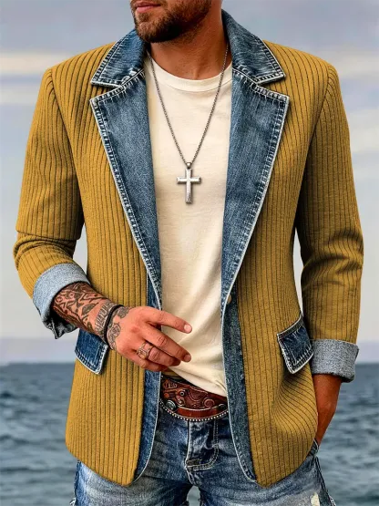 Men's Casual Corduroy Denim Patchwork Blazer Jacket