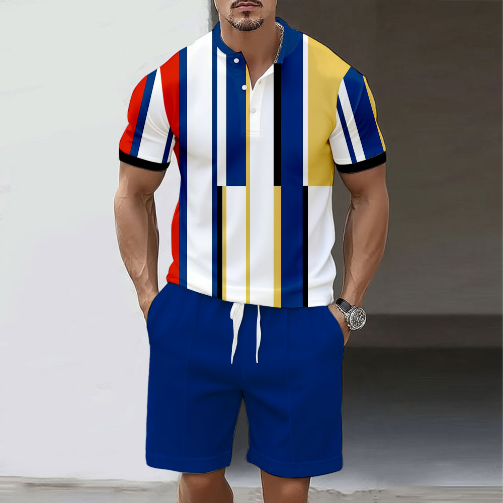 Men's Fashion Polo Round-Neck Geometric Printed Short-Sleeved Two-Piece Set