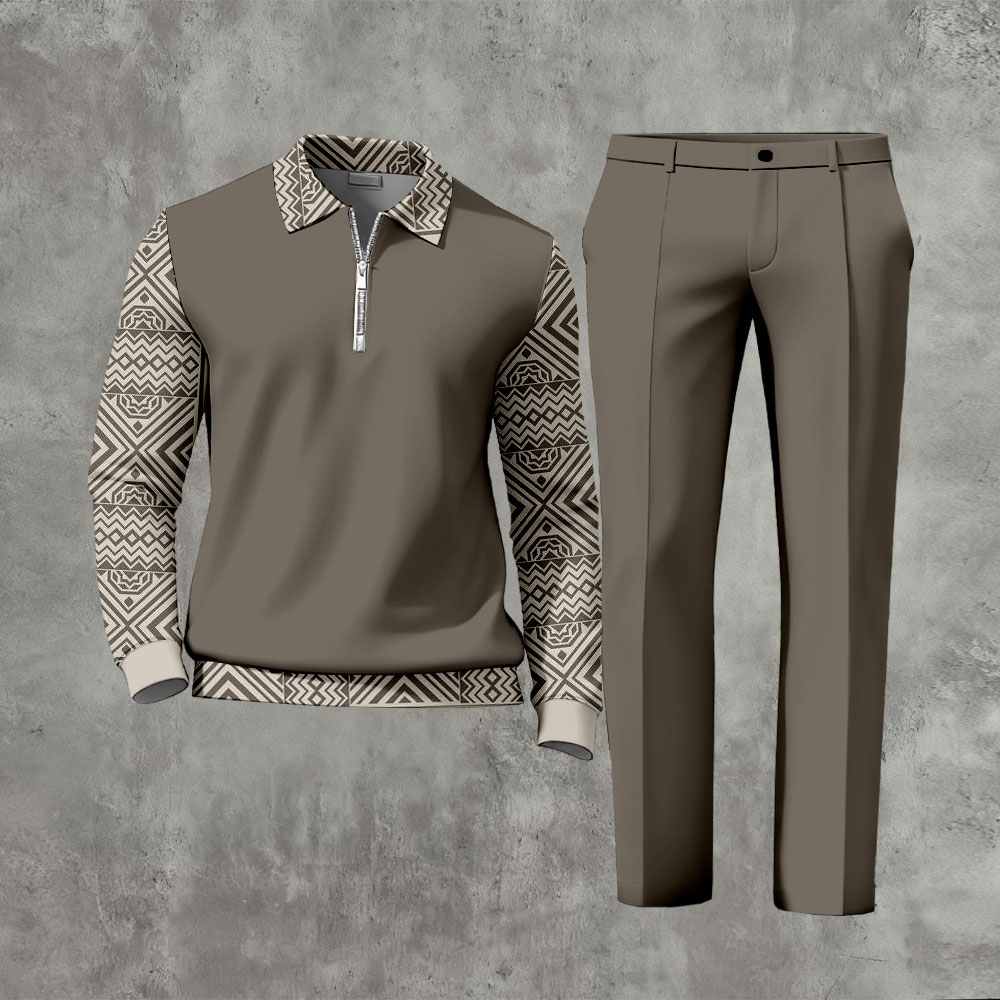 Men's Casual Dark Khaki Color Matching Retro Printed Zipper Long Sleeved Polo Shirt & Trousers Two-Piece Set