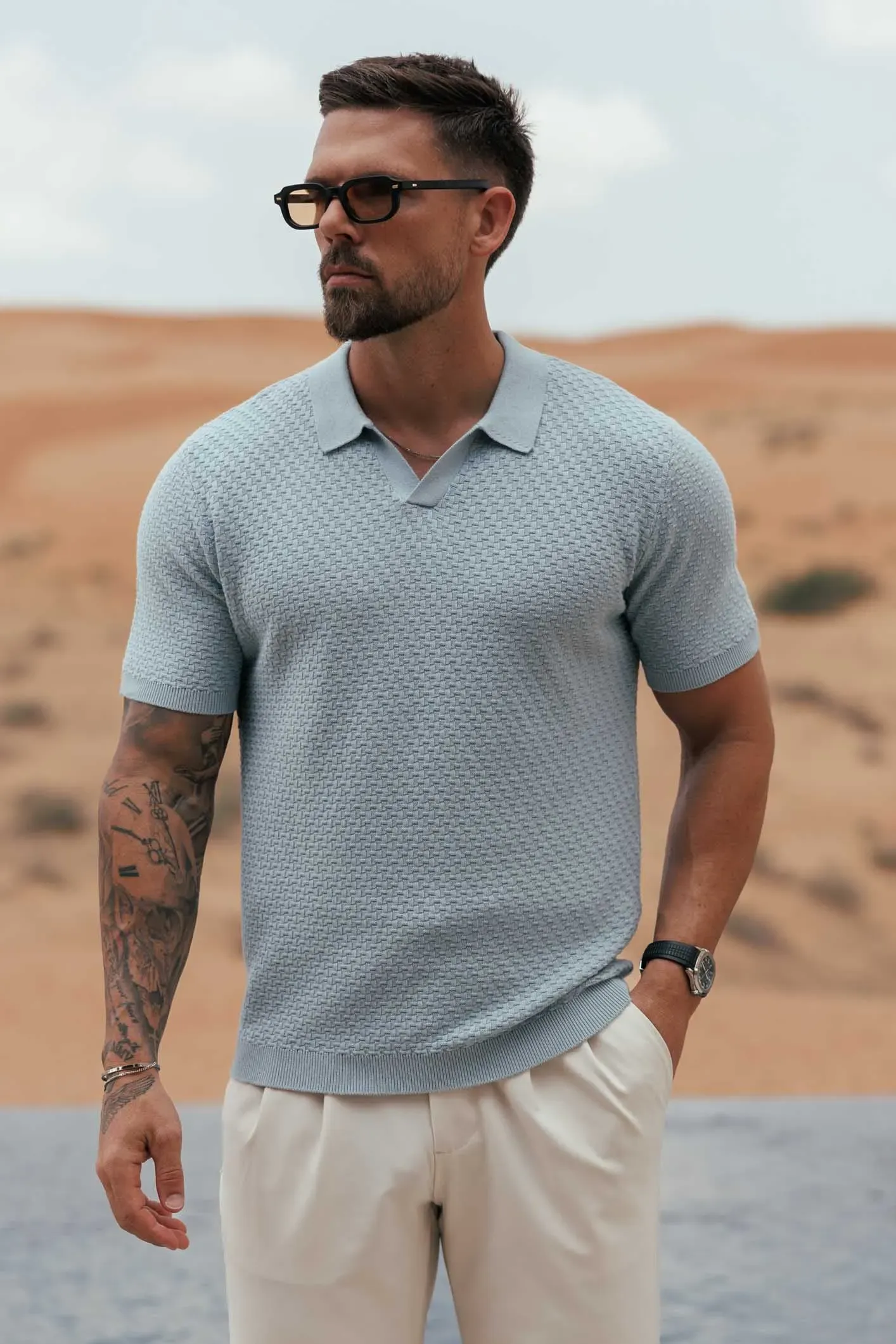 Men's lightweight cotton and linen casual blue polo shirt