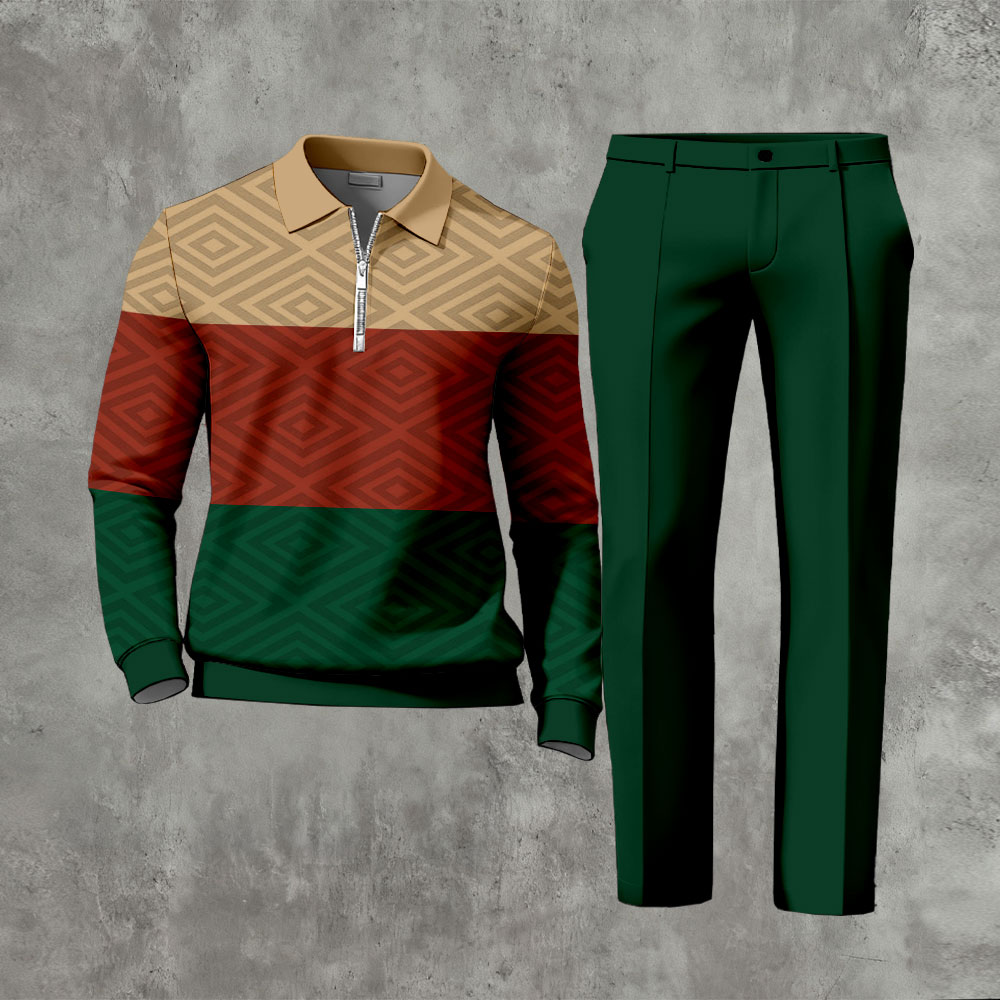 Men's Casual Tan & Red & Green Color Matching Printed Zipper Long Sleeved Polo Shirt & Trousers Two-Piece Set