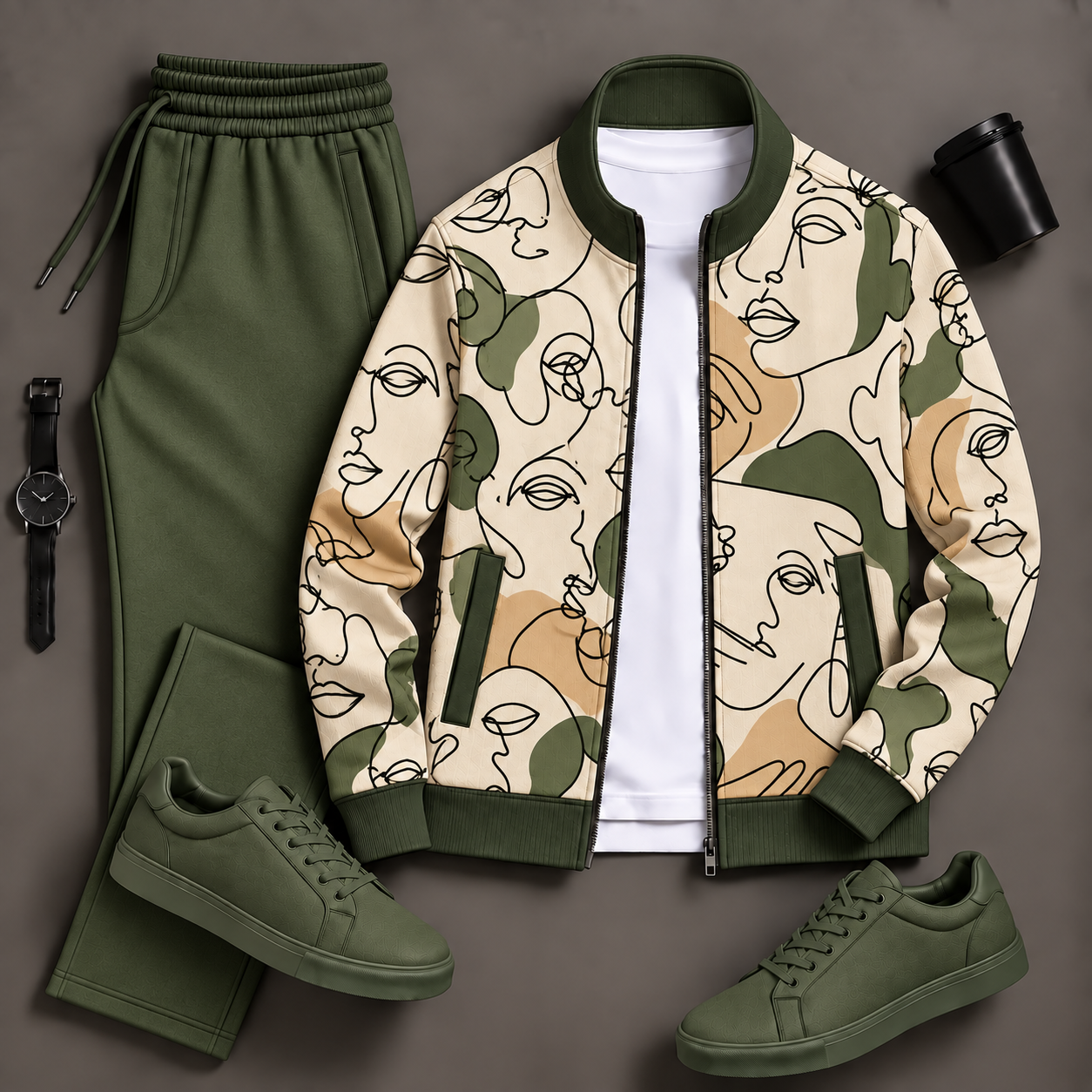 Men's Abstract Face Print Zip Jacket & Green Sweatpants Two-Piece Set