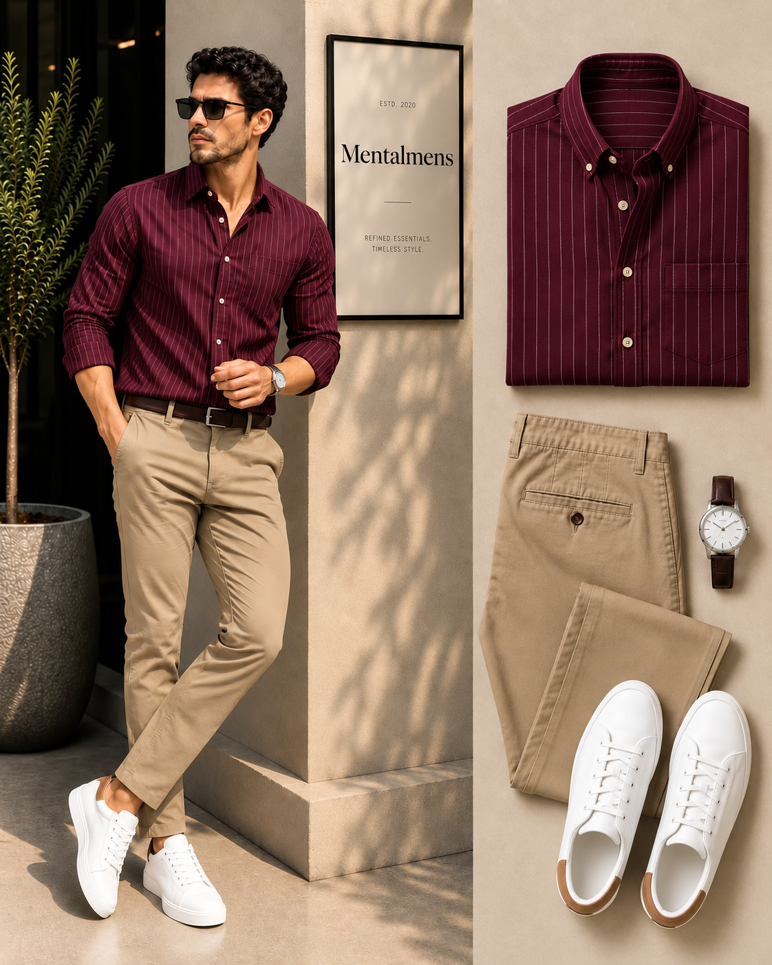 Men's Burgundy Striped Long Sleeves Shirt & Khaki Chinos Pants Two-Piece Set