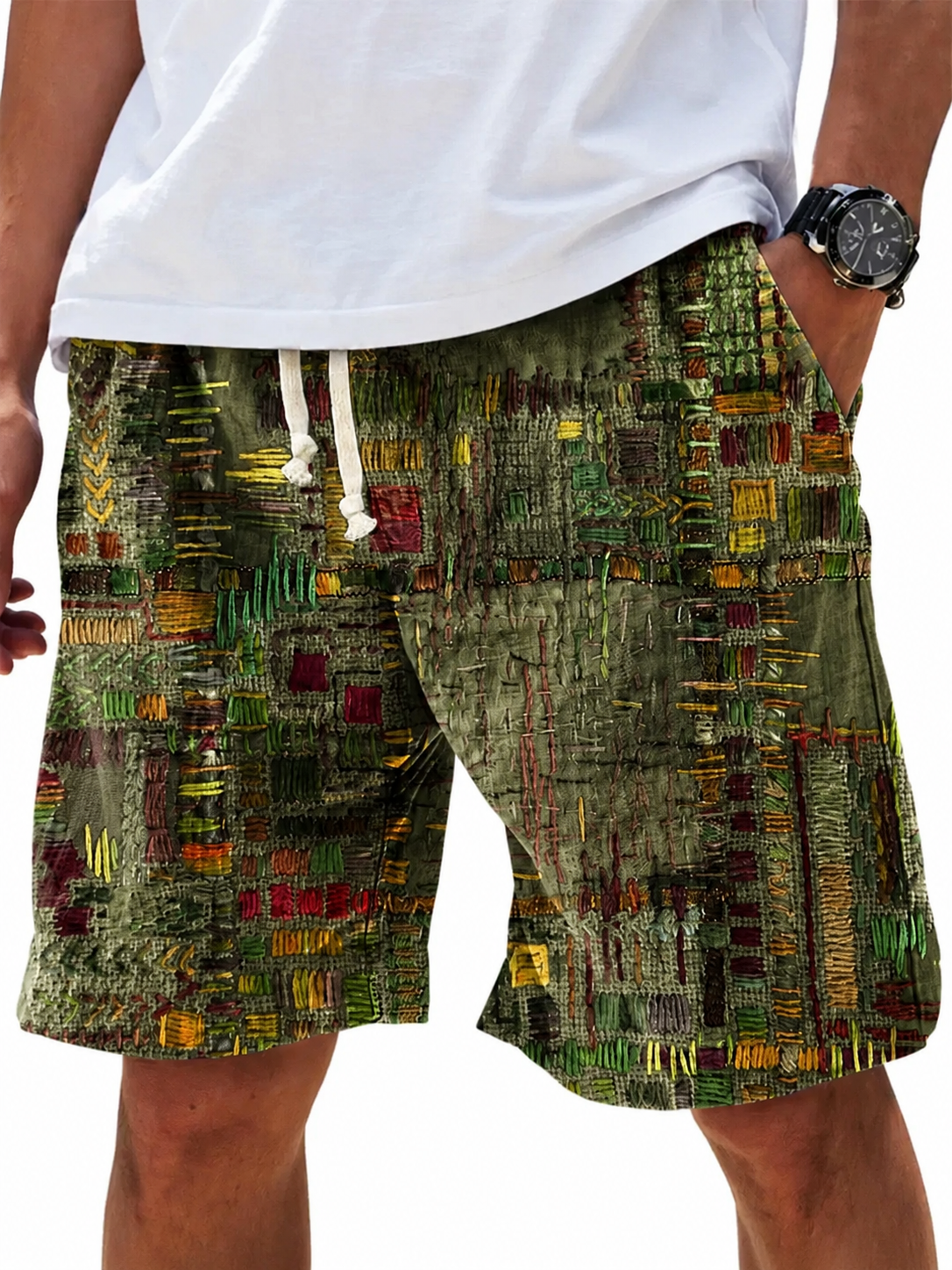 Men's Vintage Purple Patchwork Ethnic Art Print Cotton And Linen Beach Shorts