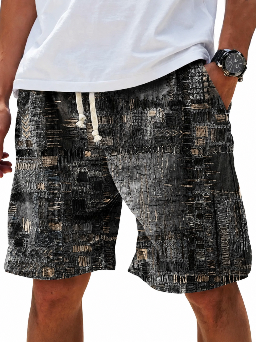 Men's Vintage Purple Patchwork Ethnic Art Print Cotton And Linen Beach Shorts